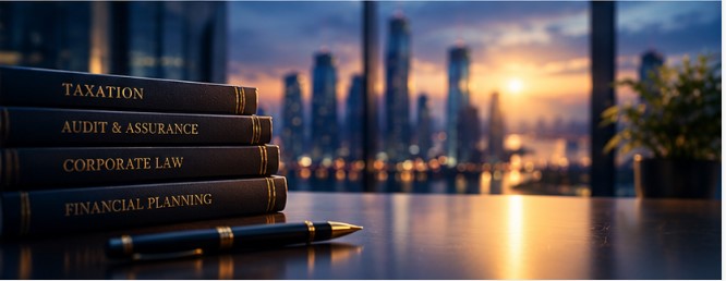 Reference volumes on taxation, audit, corporate law and financial planning above a city skyline
